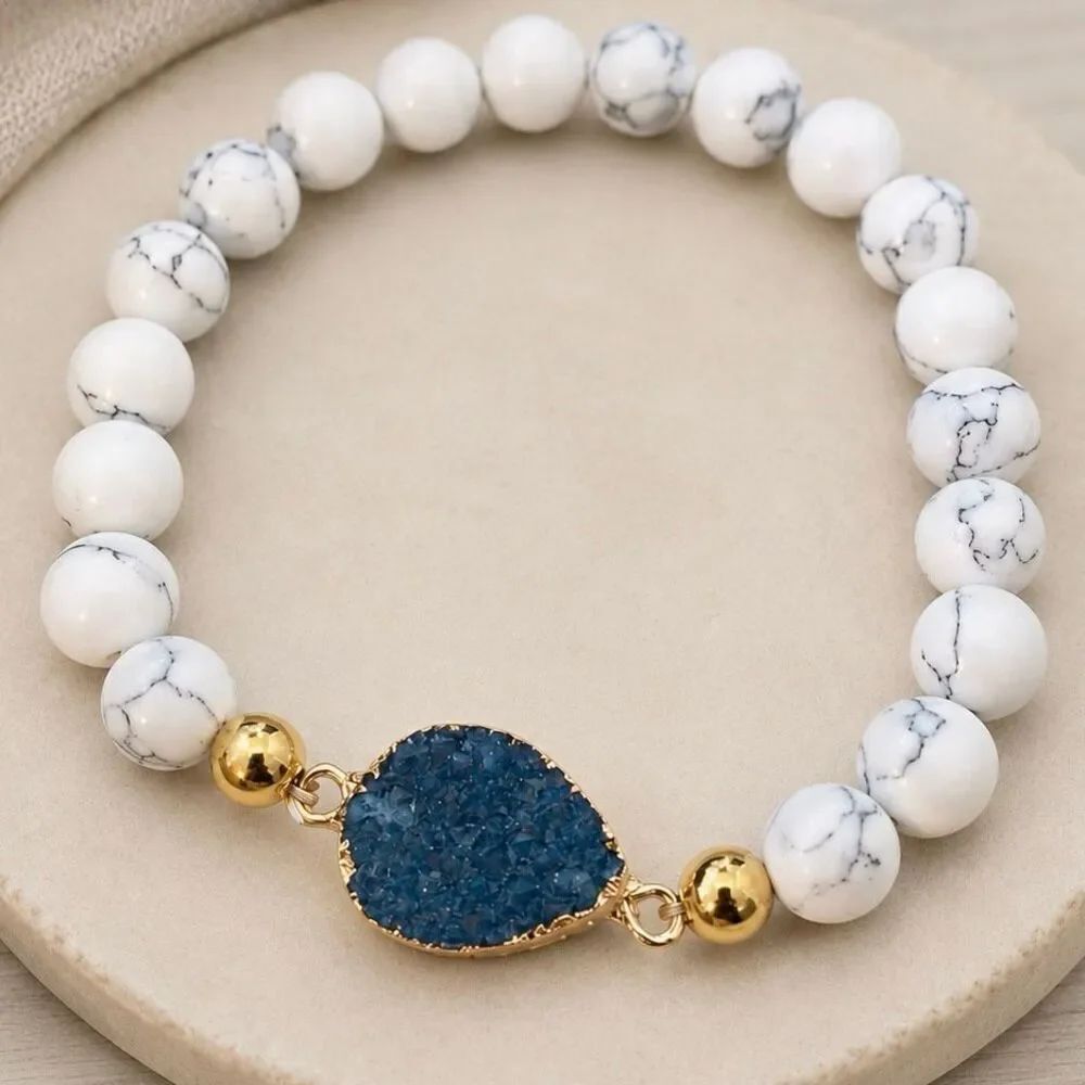 Midnight Sky Blue Faux Druzy Stretch Bracelet with Howlite Beads